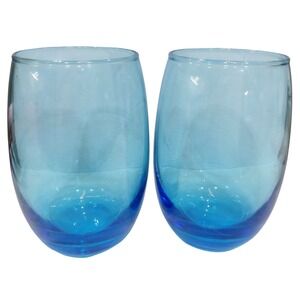 Pair of Cristar Mikonos Sky Blue Stemless Wine Glasses 15 Oz NWT